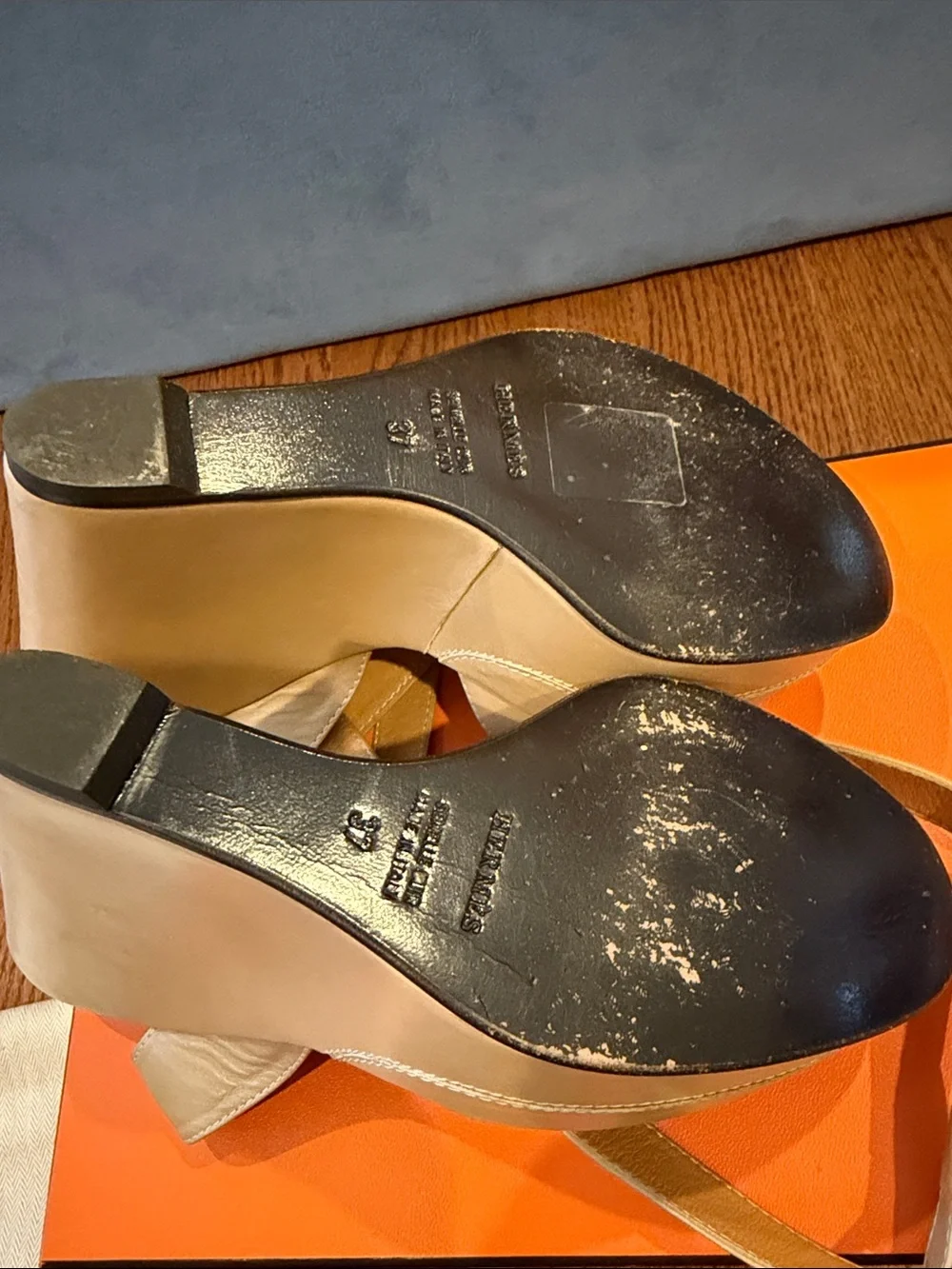 Hermes Beige Leather Platform Slingback Sandals
